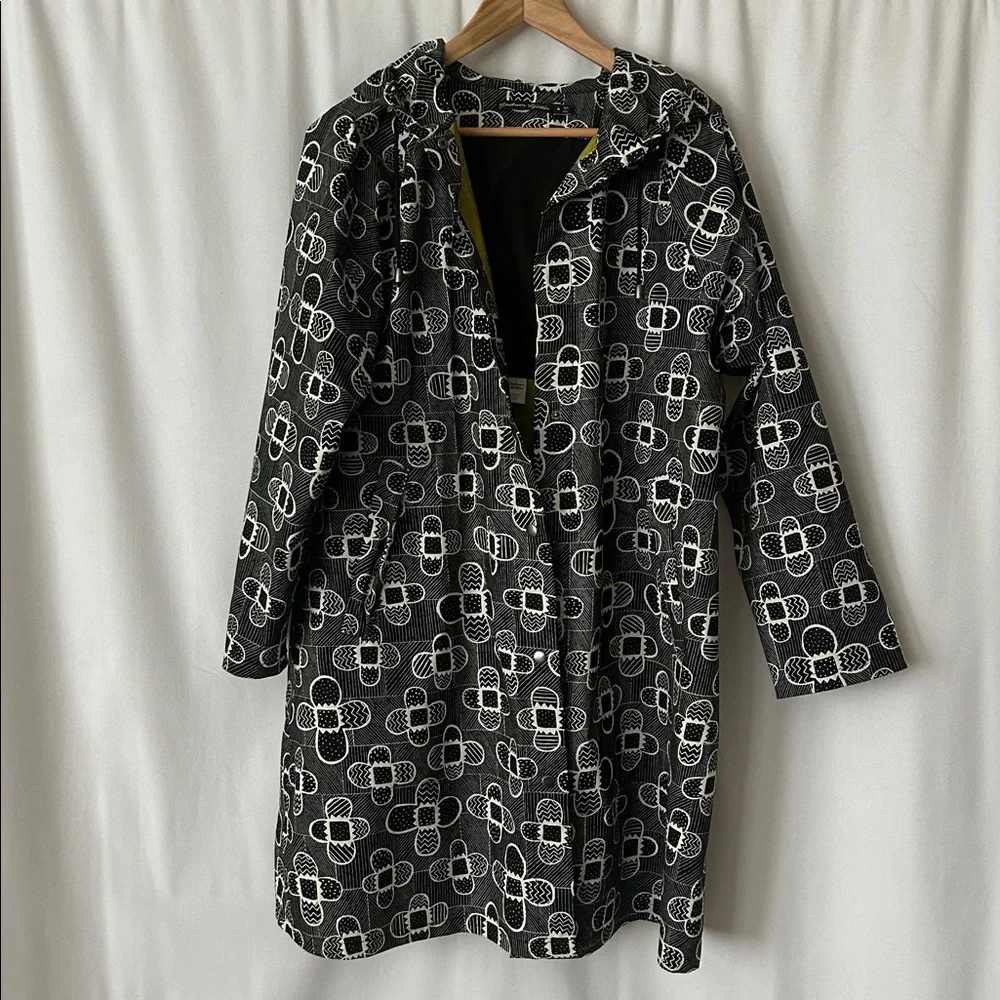 Gudrun Sjoden Abstract Black and White Hooded Trench Coat Jacket **Size M** 🌺🌺 - Picture 1 of 5